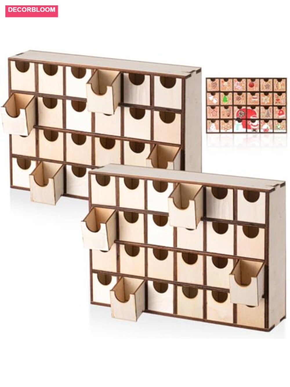 2 Pc Wooden Advent Calendar 24 Drawers DIY Unfinished Christmas